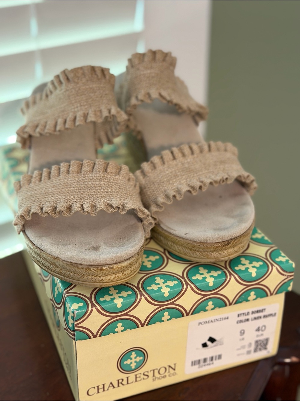 CHARLESTON SHOE CO. Beige Ruffle Espadrille Slide Sandals